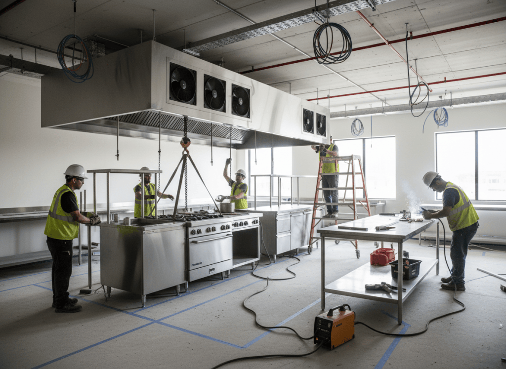 Photograph of a fabrication team installing stainless steel equipment on site in a commercial kitchen under construction, work in progress